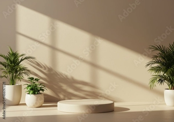 Fototapeta  Sunlit plain wall with soft plant shadows, creating a peaceful and trendy backdrop for aesthetic product photography