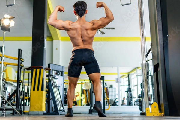 Obraz Bodybuilder showing his back muscles in the gym
