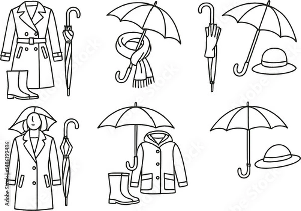Fototapeta Rainy day linear icons set - outline, weather and chic accessories symbols