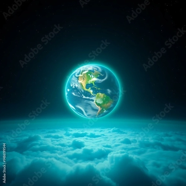 Obraz Planet Earth floating above clouds in glowing cosmic space