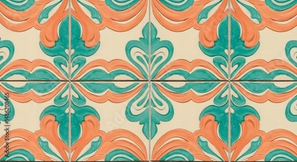 Fototapeta Vibrant tile patterns in turquoise, coral, and ivory, showcasing a modern twist on traditional designs with cultural richness