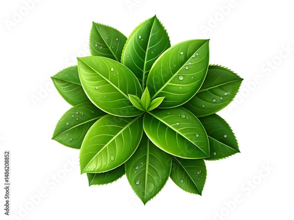 Obraz Glossy Green Leaves with Dewy Texture on White Background