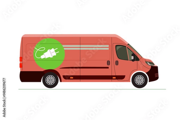 Obraz Electric delivery van vector illustration. Eco-friendly commercial vehicle with sliding doors for sustainable transport, urban design projects. Mockup for business advertising. Side view.