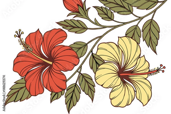 Obraz 133 detailed photorealistic oil painting of vibrant red and yellow hibiscus flowers with green leaves, lush floral tropical pattern, highly detailed botanical illustration, warm colors, dynamic compos