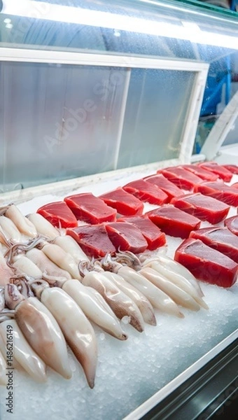 Fototapeta Fresh Squid and Tuna Steaks on Ice in a Refrigerated Display Case