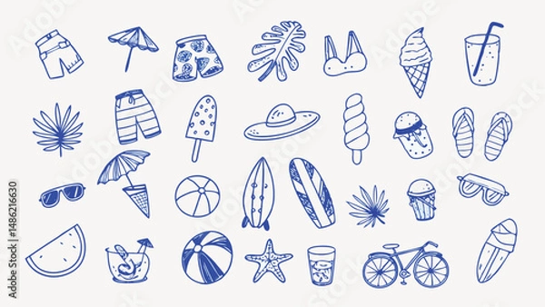 Fototapeta Hand drawn Summer Vacation Icons A Collection of Cute and Whimsical Illustrations