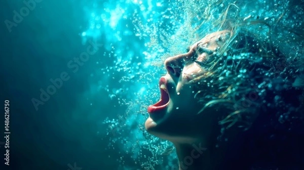 Fototapeta A person desperately gasping for air underwater. The surrounding water is filled with bubbles, which adds a sense of chaos to the scene