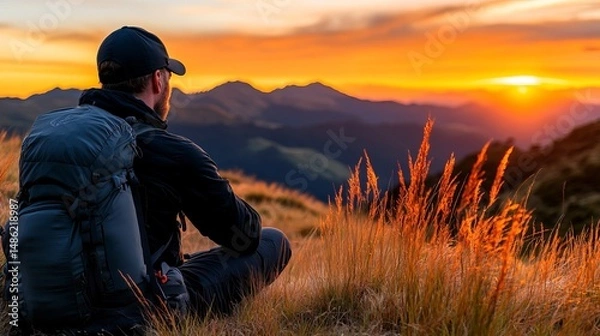 Fototapeta Hiker sitting in grass observes sunrise over distant mountains while wearing backpack and a baseball cap.