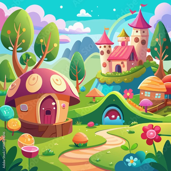 Fototapeta Whimsical fantasy landscape with a charming castle and mushroom houses.  A vibrant, colorful scene