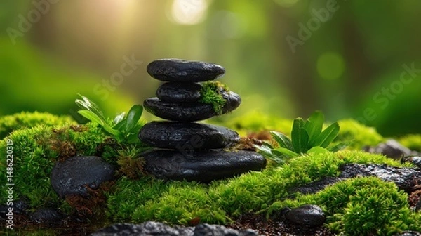 Fototapeta Serene Stacked Stones on Lush Green Moss in Tranquil Nature Scene