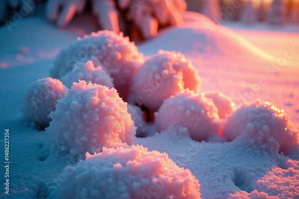 Obraz Group of snowballs sitting on top of a snow covered ground, with a blurred background.