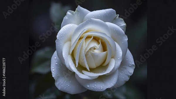 Fototapeta Single white rose in full bloom with detailed petals and dew drops, isolated on a black background in high contrast fine art realism