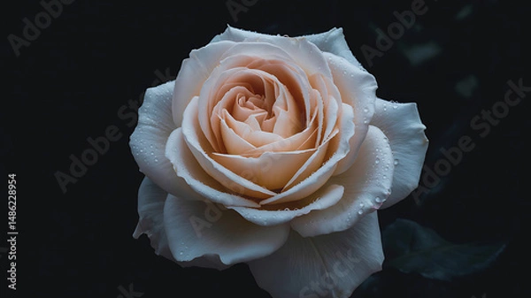Fototapeta Single white rose in full bloom with detailed petals and dew drops, isolated on a black background in high contrast fine art realism