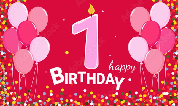 Fototapeta Happy Birthday. 1 year. Balloons and confetti on a pink background. A pink candle with the number 1 in the center.