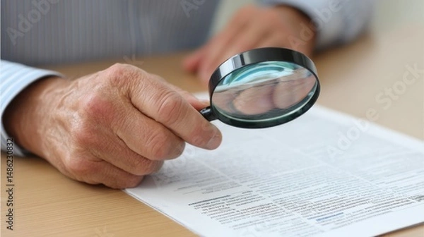 Obraz A hand examines a printed job listing in a local paper using a magnifying glass to view employment opportunities, with plenty of copy space available