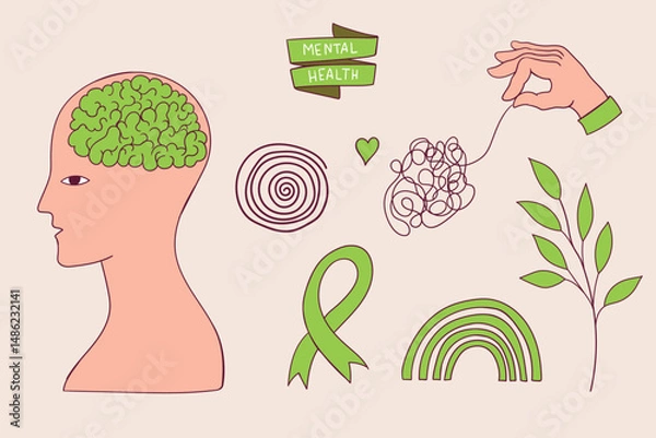 Fototapeta mental health concept with hand and human head. Psychologic therapy session concept. Vector illustration