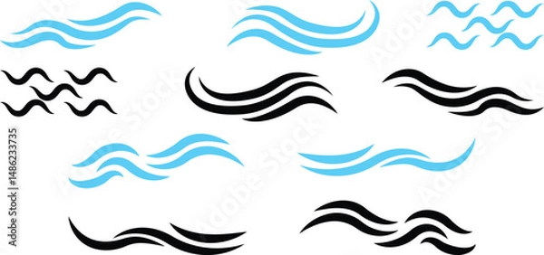 Obraz Art line set of Wave icon. Flat and simple wave vector. Abstract Wave beach symbol or logo design collection. Set of wavy zigzag lines.  Wave Blue vector design elements. 