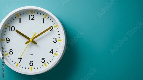 Fototapeta Close-up view of a white plastic wall clock featuring a yellow second hand against a turquoise background, creating an appealing design element with ample copy space