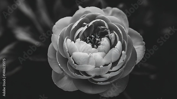 Fototapeta Black and white macro shot of a blooming peony with rich texture, soft natural shadows, and a dark background in studio minimalism

