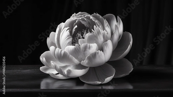 Fototapeta Black and white macro shot of a blooming peony with rich texture, soft natural shadows, and a dark background in studio minimalism

