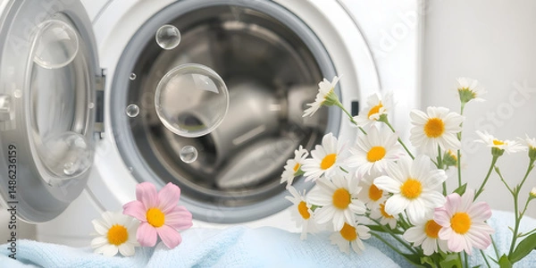 Obraz Washing machine, bubbles and spring flowers on laundry day, representing fresh clean scent.