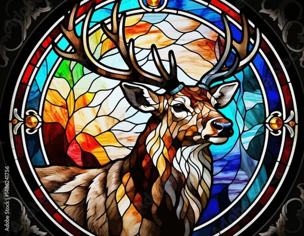Obraz stained-glass-deer-art-colorful-buck-illustration-unique-animal-design-vibrant-glasswork-elegant-deer-motif-stained-glass-artwork