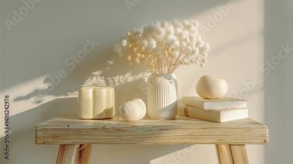 Fototapeta Still life scene with dried flower and various ornamental objects arranged on a wooden table illuminated by natural light, casting subtle shadows