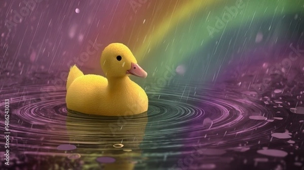 Fototapeta Adorable Yellow Duckling Swimming in a Rainy Puddle with Rainbow