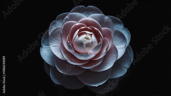 Fototapeta Single camellia flower in grayscale with soft petal folds, realistic lighting, and subtle reflections on a pure black background

