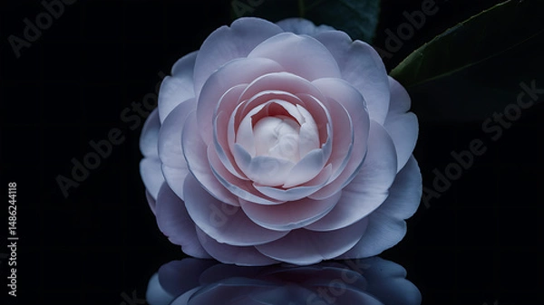Fototapeta Single camellia flower in grayscale with soft petal folds, realistic lighting, and subtle reflections on a pure black background

