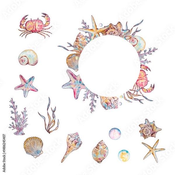 Fototapeta Watercolor  seashells and starfish frame with copy space for text, underwater