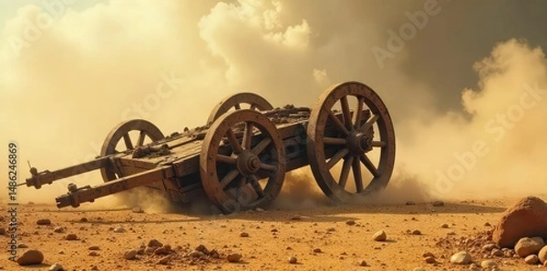 Fototapeta Ancient chariot overturned in a dusty field, suggesting a battle or rebellion Broken wheels, scattered debris evoke chaos and the aftermath of a violent revolution , history, collapse