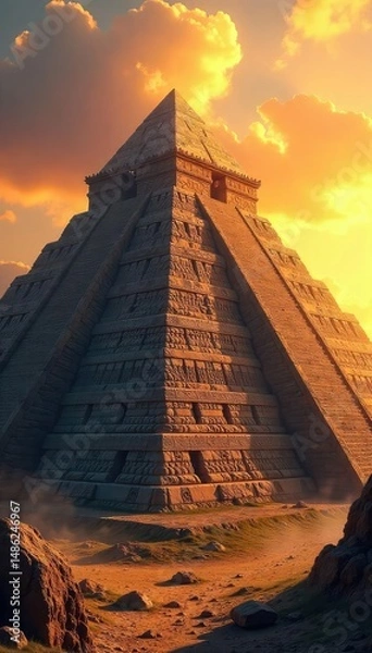 Fototapeta Ancient stone pyramid with intricate carvings depicting powerful, mythical gods, bathed in the golden light of sunset A scene of ancient power and mystery , civilization, divine, history