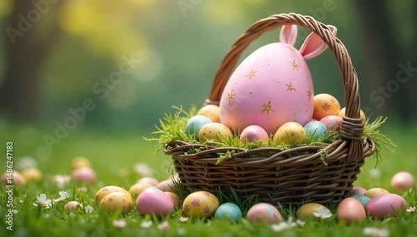 Fototapeta A ridiculously oversized Easter egg hidden in a giant basket overflowing with smaller eggs , giant, giggle, hidden
