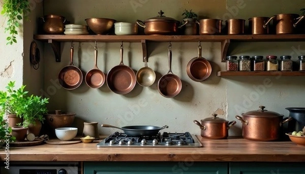 Fototapeta A rustic kitchen with various cooking utensils hanging on a wall, copper pots and pans gleam, and spices sit neatly on shelves , old kitchen, cook