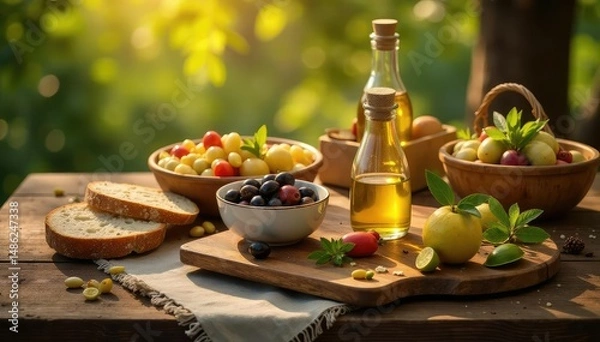 Fototapeta A rustic wooden table laden with an abundance of olives, olive oil, crusty bread, and various Mediterranean accompaniments, bathed in warm, inviting sunlight , herbs, antipasto