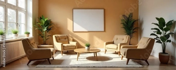 Fototapeta A serene and neutral mediation room, ideal for conflict resolution, featuring comfortable seating and calming decor Perfect for promoting peace and understanding , calming, discussion