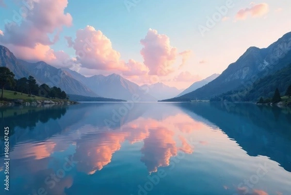 Fototapeta A serene landscape, devoid of overt emotional expression; still water reflecting a calm sky, conveying tranquility and emotional stillness , sky, muted, reflective surface
