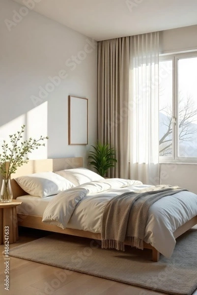 Fototapeta A serene minimalist bedroom with a simple bed, neutral tones, and natural light streaming through a sheer curtain Focus on calm and understated elegance for a restful atmosphere , wellness, spacious