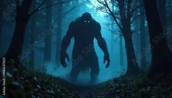 Fototapeta A shadowy, monstrous figure lurking in a dark, spooky forest at night, creating a terrifying atmosphere Its claws are visible, hinting at danger and fear , monster, monster movie, monster film