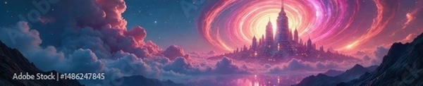 Fototapeta A shimmering, otherworldly cityscape rises from a swirling vortex of spectral energy, futuristic architecture blending with ethereal phenomena , spectral, futuristic city