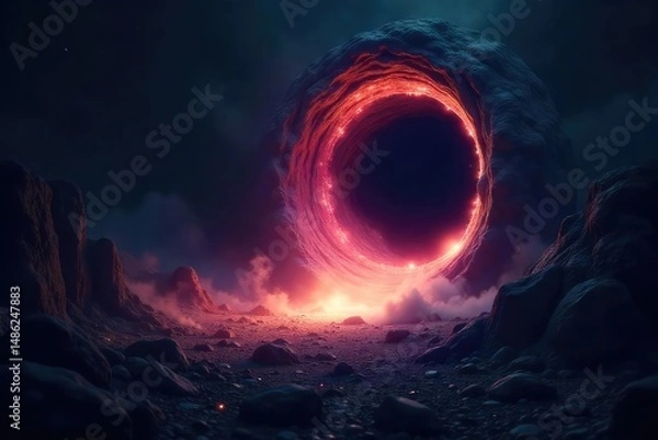 Fototapeta A shimmering, ethereal light pulls towards a mysterious, dark void, representing an irresistible, mystical allure The image evokes a sense of wonder and the unknown , unknown, mysterious