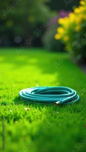 Fototapeta A single garden hose coiled neatly on a lush green lawn, ready for watering Sunlight illuminates the vibrant green of the grass and the hose's bright color , single hose, water, garden hose