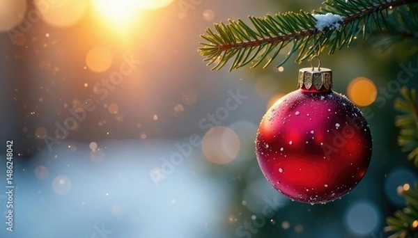 Fototapeta A single, glistening red Christmas bauble hangs from a twig, reflecting light , red, simple, glitter