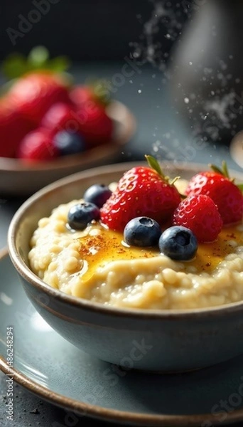 Fototapeta A steaming bowl of creamy oatmeal topped with fresh berries and a drizzle of honey, ready to be enjoyed for a healthy and delicious breakfast , nuts, bowl