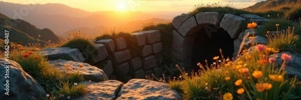Fototapeta A symbolic empty tomb, signifying resurrection, bathed in the soft glow of dawn Cracked stone, overgrown with wildflowers, suggests new life and hope after death , overcoming, sacred, stone