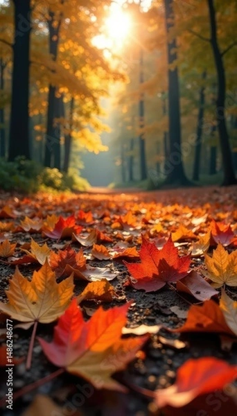 Fototapeta Autumn leaves scattered on a forest floor, creating a colorful carpet of nature's debris Sunlight filters through the canopy, illuminating the fallen foliage , fallen leaves, autumn, trees
