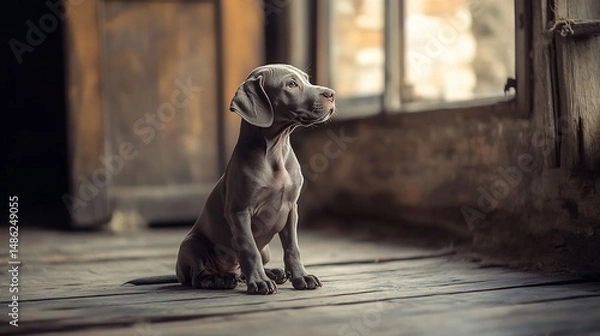 Fototapeta Cute puppy sitting in rustic interior, looking out window