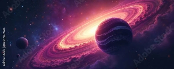 Fototapeta A vibrant nebula swirls around a nascent planet, cosmic dust and gas illuminating the celestial scene The planet's surface is barely visible, hinting at the vastness of space , colors, gas, light