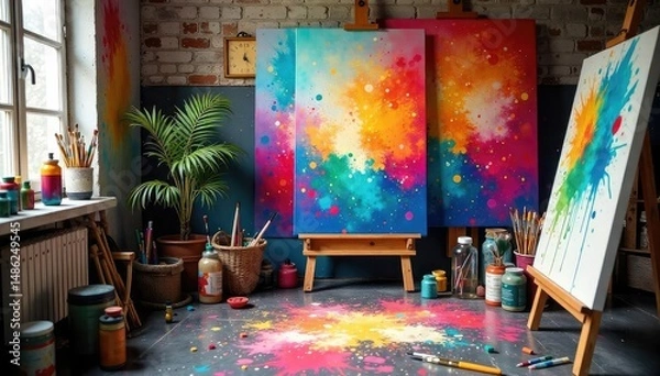 Fototapeta A vibrant studio filled with colorful paints, brushes, and canvases, ready for artistic creation The scene is alive with creative energy and potential , acrylic, vibrant